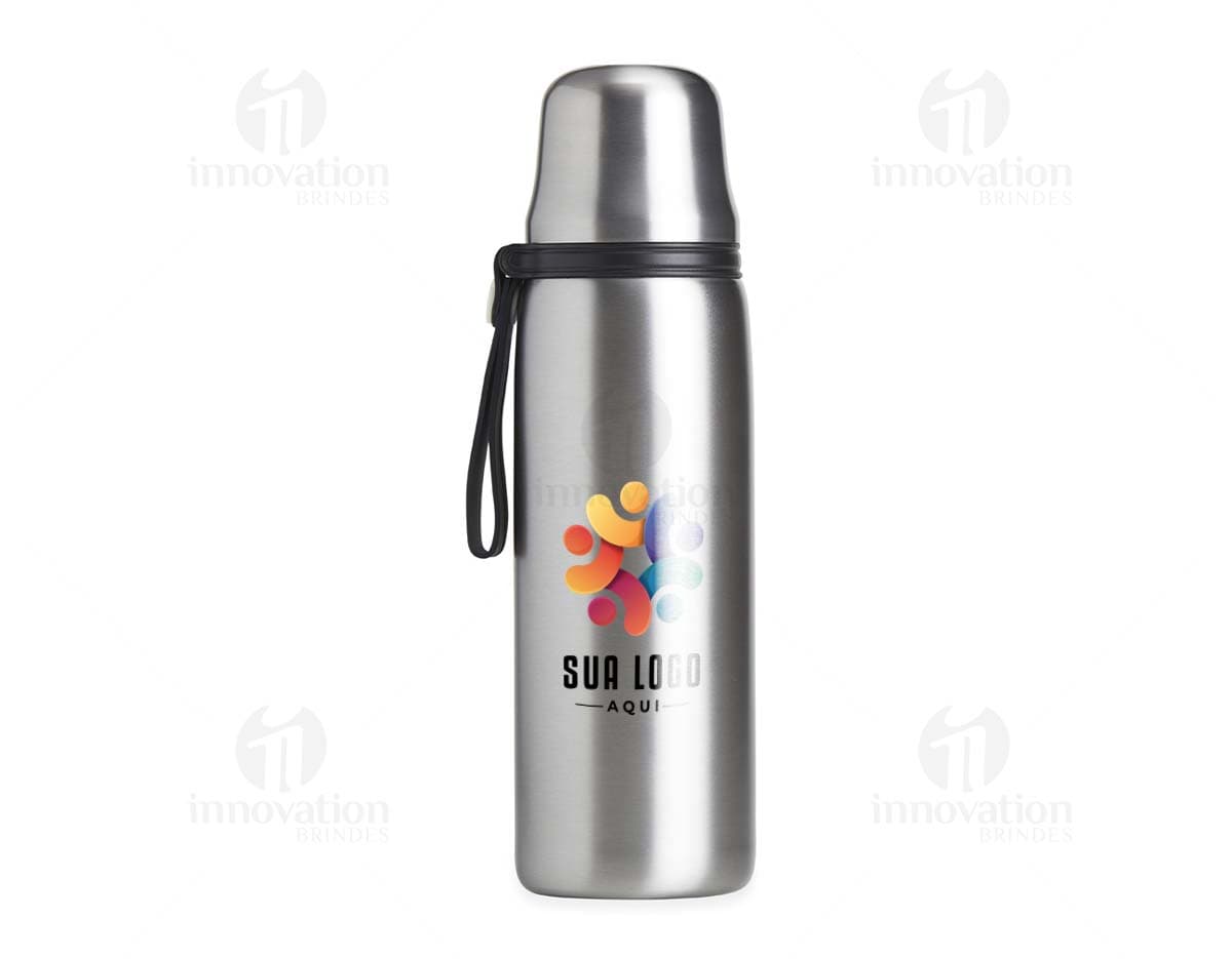 Garrafa térmica de 850ml em aço inoxidável com tampa de rosca e alça dobrável.
