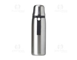 Garrafa térmica de 850ml em aço inoxidável com tampa de rosca e alça dobrável.