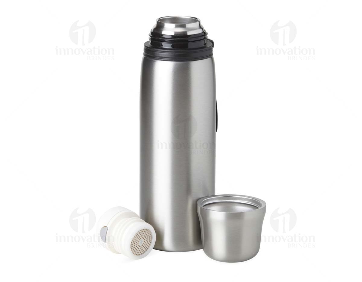 Garrafa térmica de 850ml em aço inoxidável com tampa de rosca e alça dobrável.
