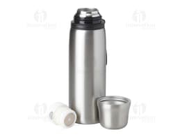 Garrafa térmica de 850ml em aço inoxidável com tampa de rosca e alça dobrável.