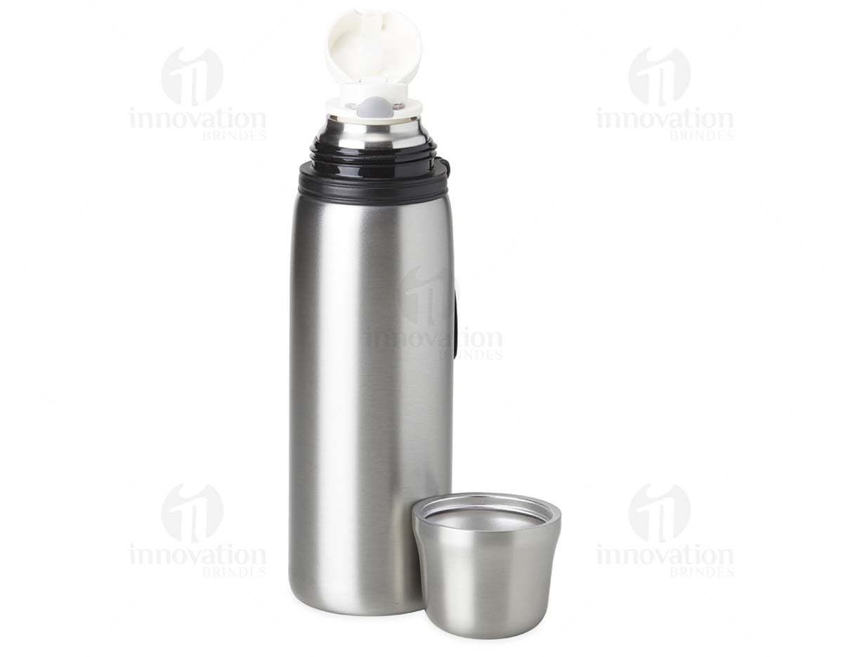 Garrafa térmica de 850ml em aço inoxidável com tampa de rosca e alça dobrável.