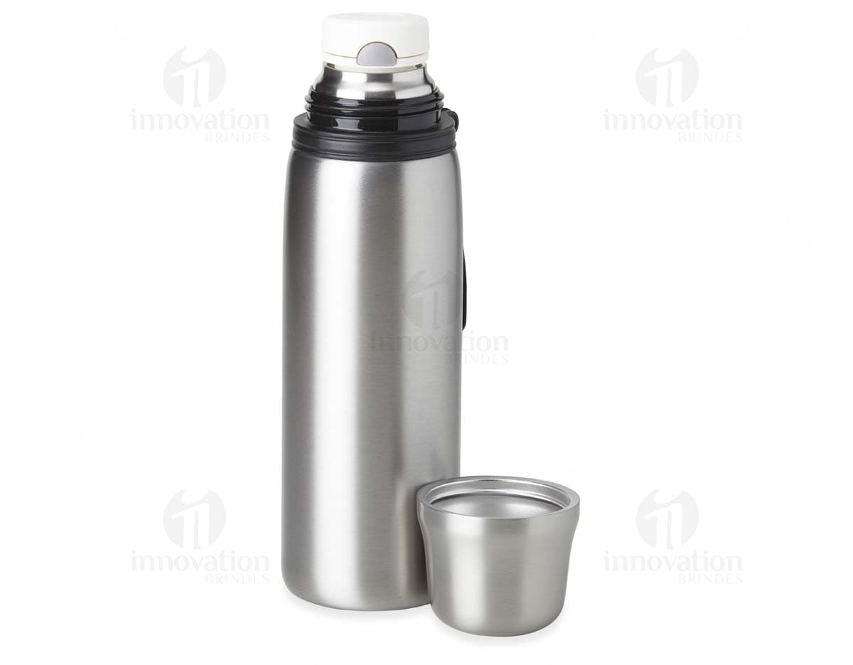 Garrafa térmica de 850ml em aço inoxidável com tampa de rosca e alça dobrável.