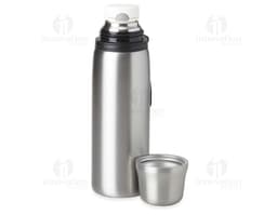 Garrafa térmica de 850ml em aço inoxidável com tampa de rosca e alça dobrável.