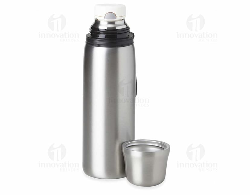 Garrafa térmica de 850ml em aço inoxidável com tampa de rosca e alça dobrável.