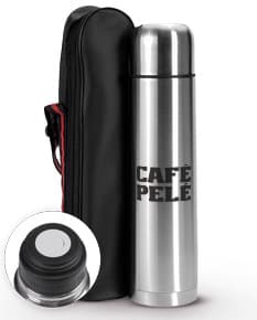 Garrafa térmica de aço inoxidável com capacidade de 1 litro, com design elegante e moderno.
