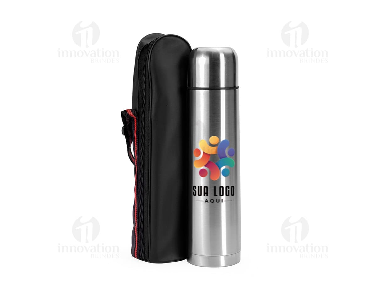 Garrafa térmica de aço inoxidável com capacidade de 1 litro, com design elegante e moderno.