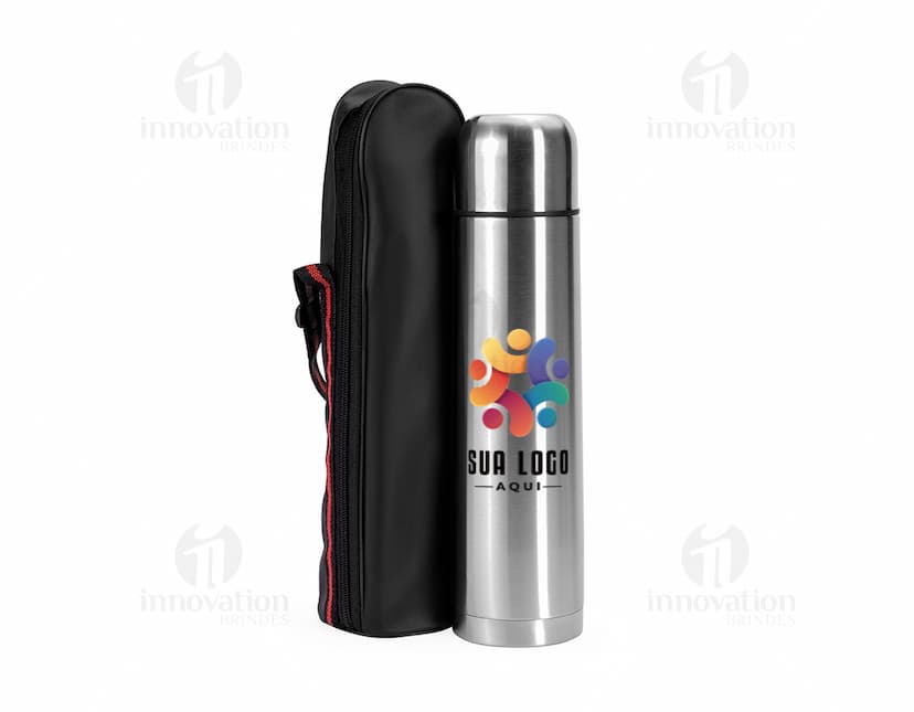 Garrafa térmica de aço inoxidável com capacidade de 1 litro, com design elegante e moderno.
