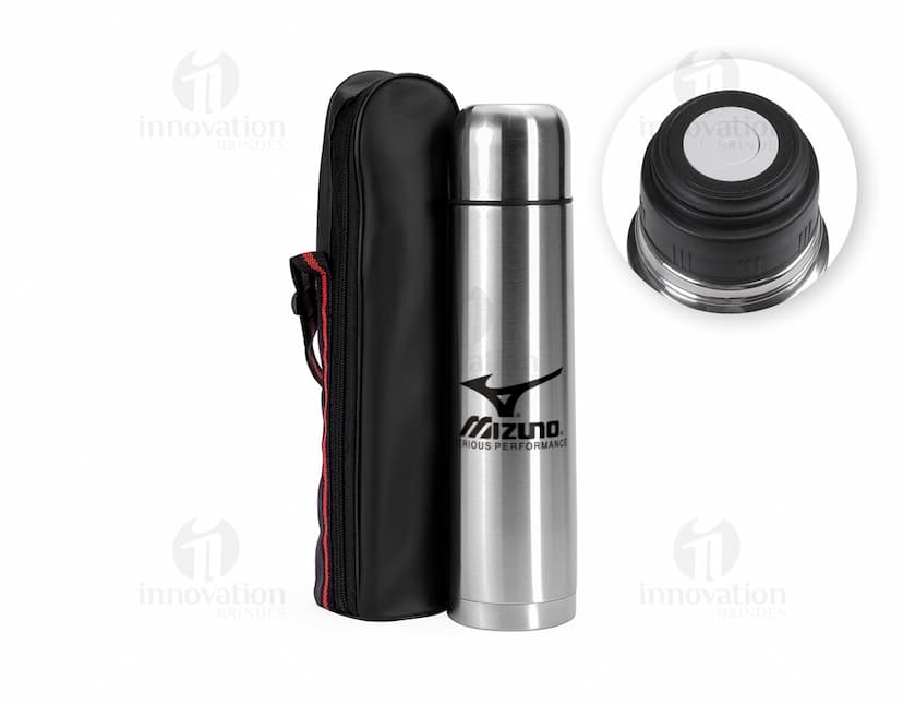 Garrafa térmica de aço inoxidável com capacidade de 1 litro, com design elegante e moderno.