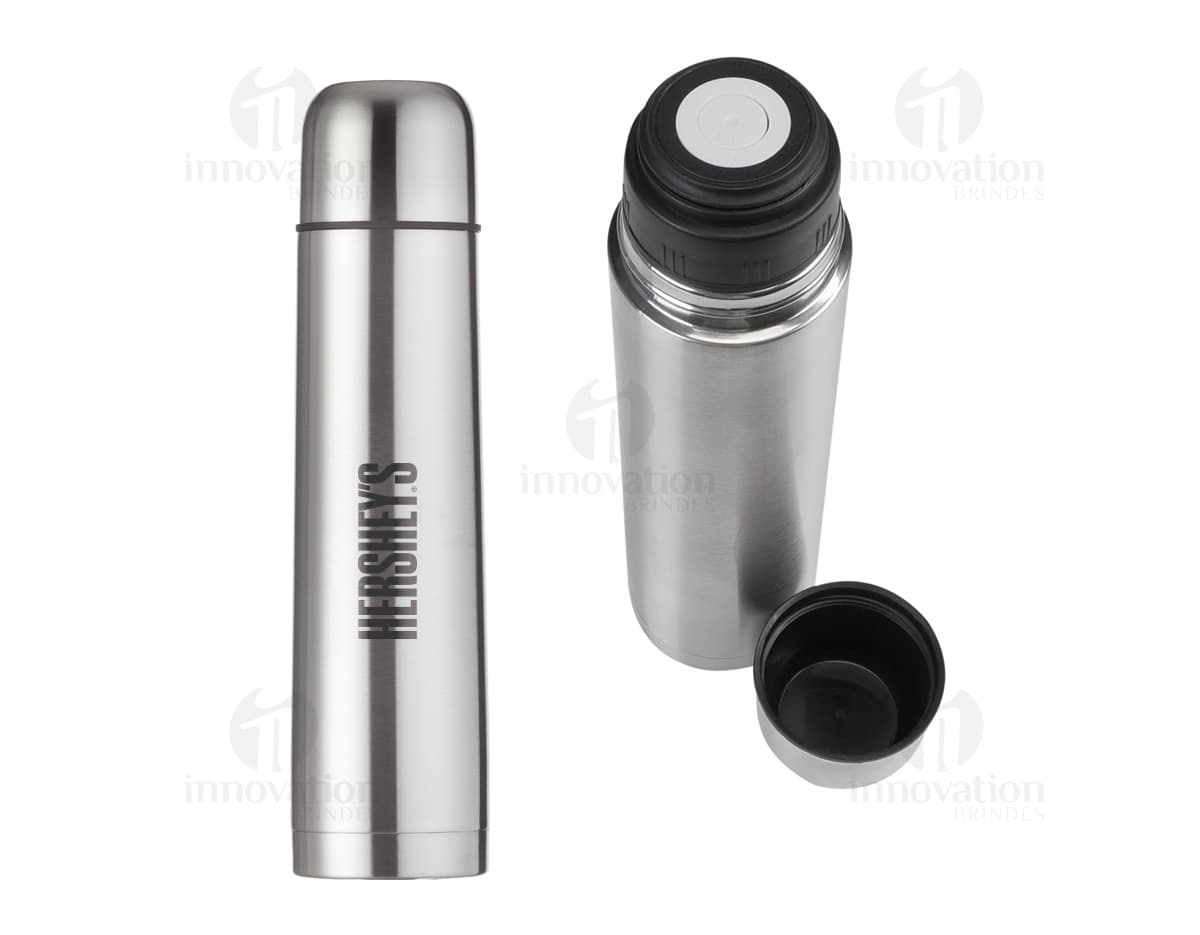 Garrafa térmica de aço inoxidável com capacidade de 1 litro, com design elegante e moderno.