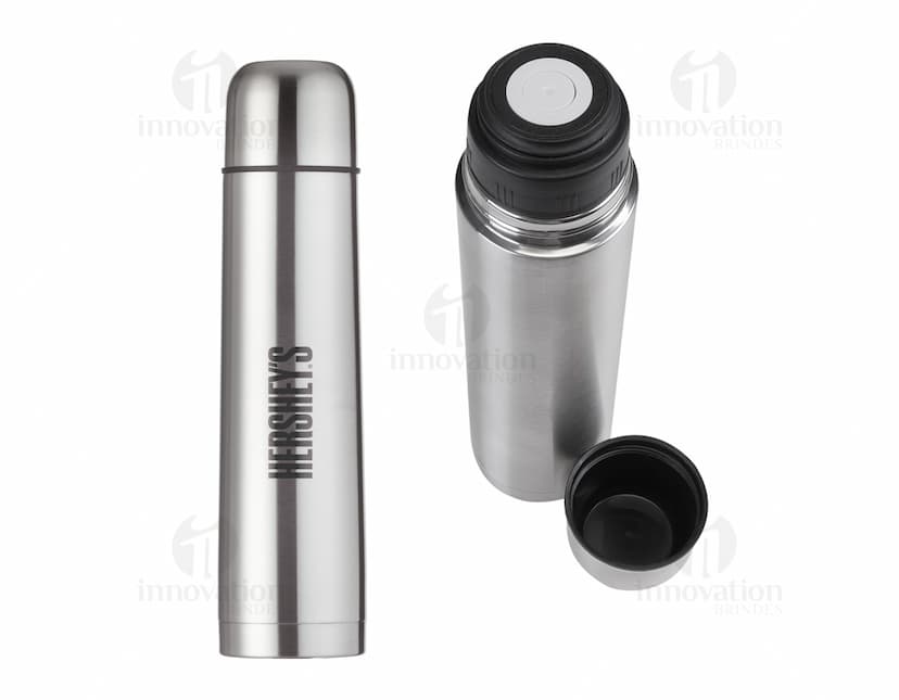 Garrafa térmica de aço inoxidável com capacidade de 1 litro, com design elegante e moderno.