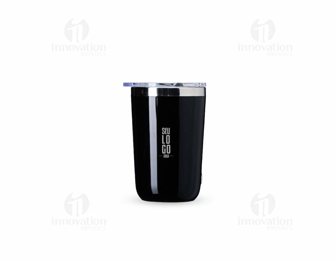 Copo com Misturador 300ml em cor azul transparente, com tampa de rosca e misturador interno.