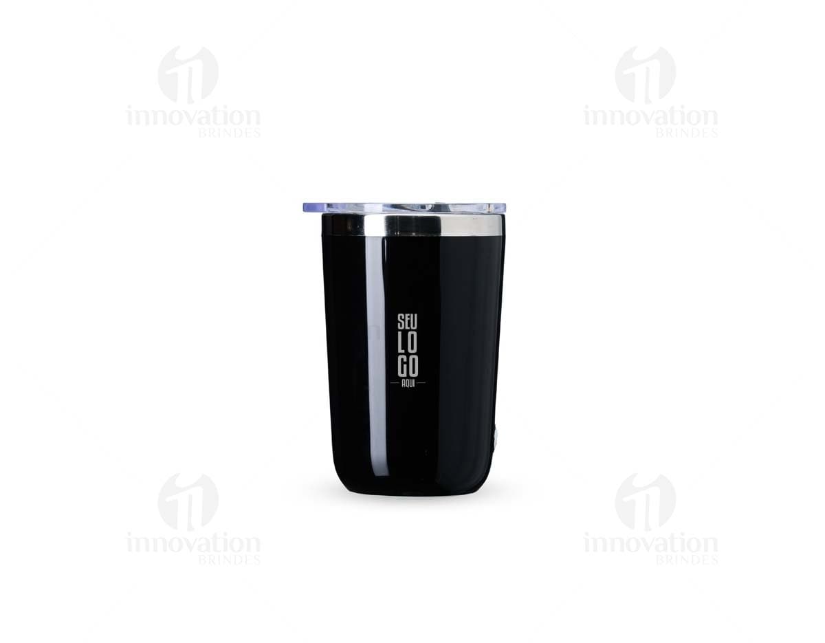 Copo com Misturador 300ml em cor azul transparente, com tampa de rosca e misturador interno.