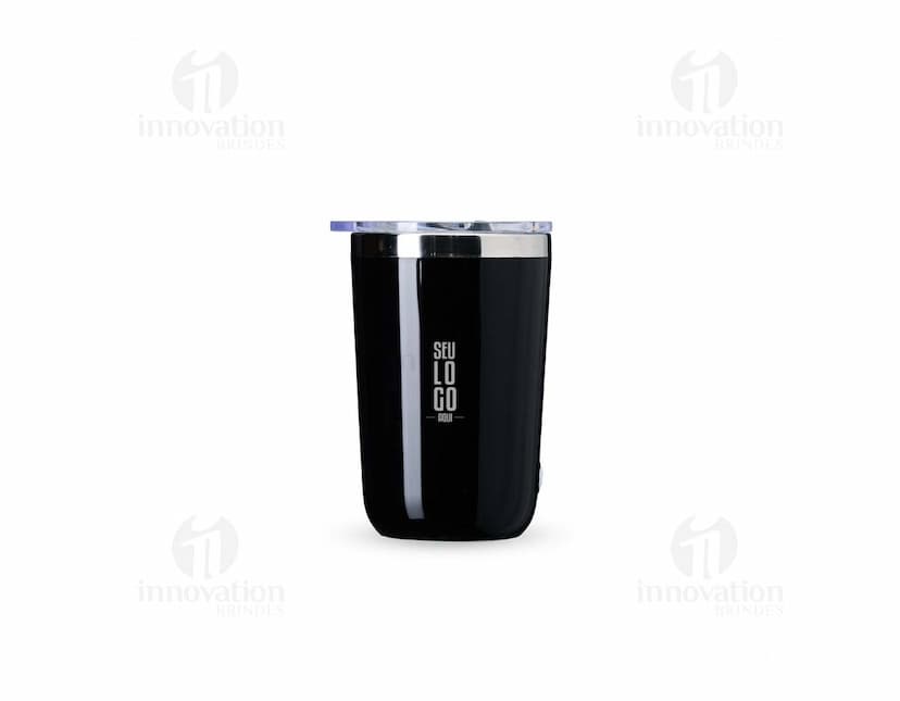 Copo com Misturador 300ml em cor azul transparente, com tampa de rosca e misturador interno.