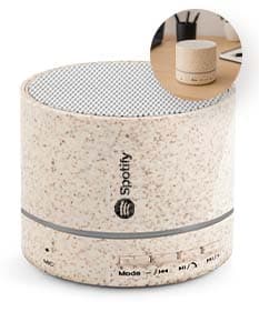 Caixa de som portátil com microfone preta e prateada, com design compacto e moderno.