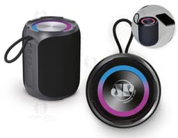 Waterproof speaker, ideal for use in humid environments and by the pool. Black color, compact and durable design.