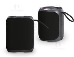 Waterproof speaker, ideal for use in humid environments and by the pool. Black color, compact and durable design.