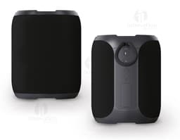 Waterproof speaker, ideal for use in humid environments and by the pool. Black color, compact and durable design.