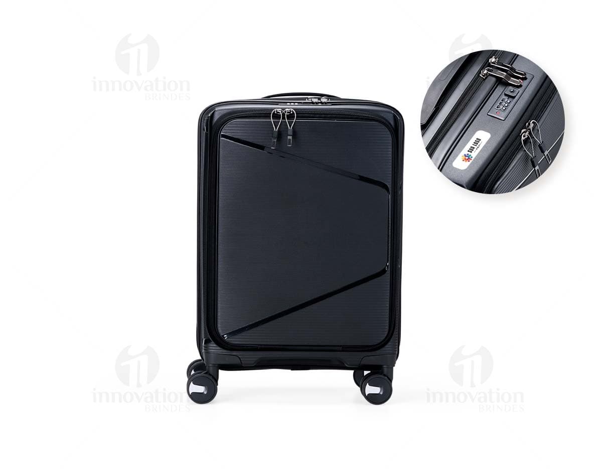 Mala de viagem de 36 litros na cor preta, feita de material resistente e com rodinhas para facilitar o transporte.