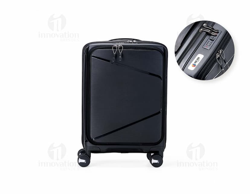 Mala de viagem de 36 litros na cor preta, feita de material resistente e com rodinhas para facilitar o transporte.