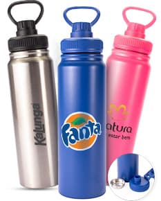Garrafa térmica com infusor para chá em fundo branco com design moderno e tampa de metal.