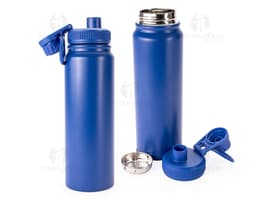 Garrafa térmica com infusor para chá em fundo branco com design moderno e tampa de metal.