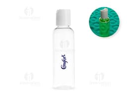 Frasco plástico branco com tampa azul.