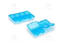 Porta comprimidos plástico transparente com sete compartimentos e tampa de abertura fácil.