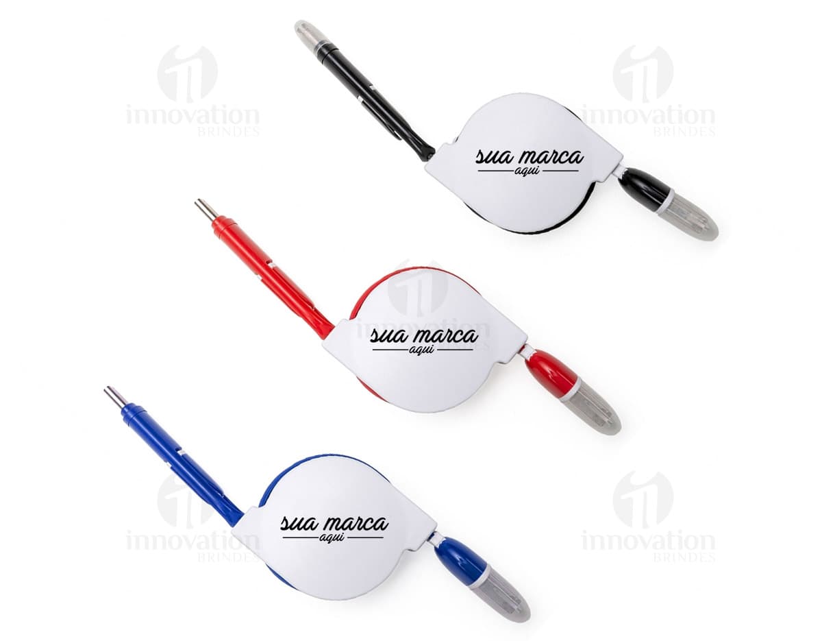 Cabo de Dados Retrátil 3 em 1 na cor branca, mostrando as três saídas USB retráteis para conexão de dispositivos.