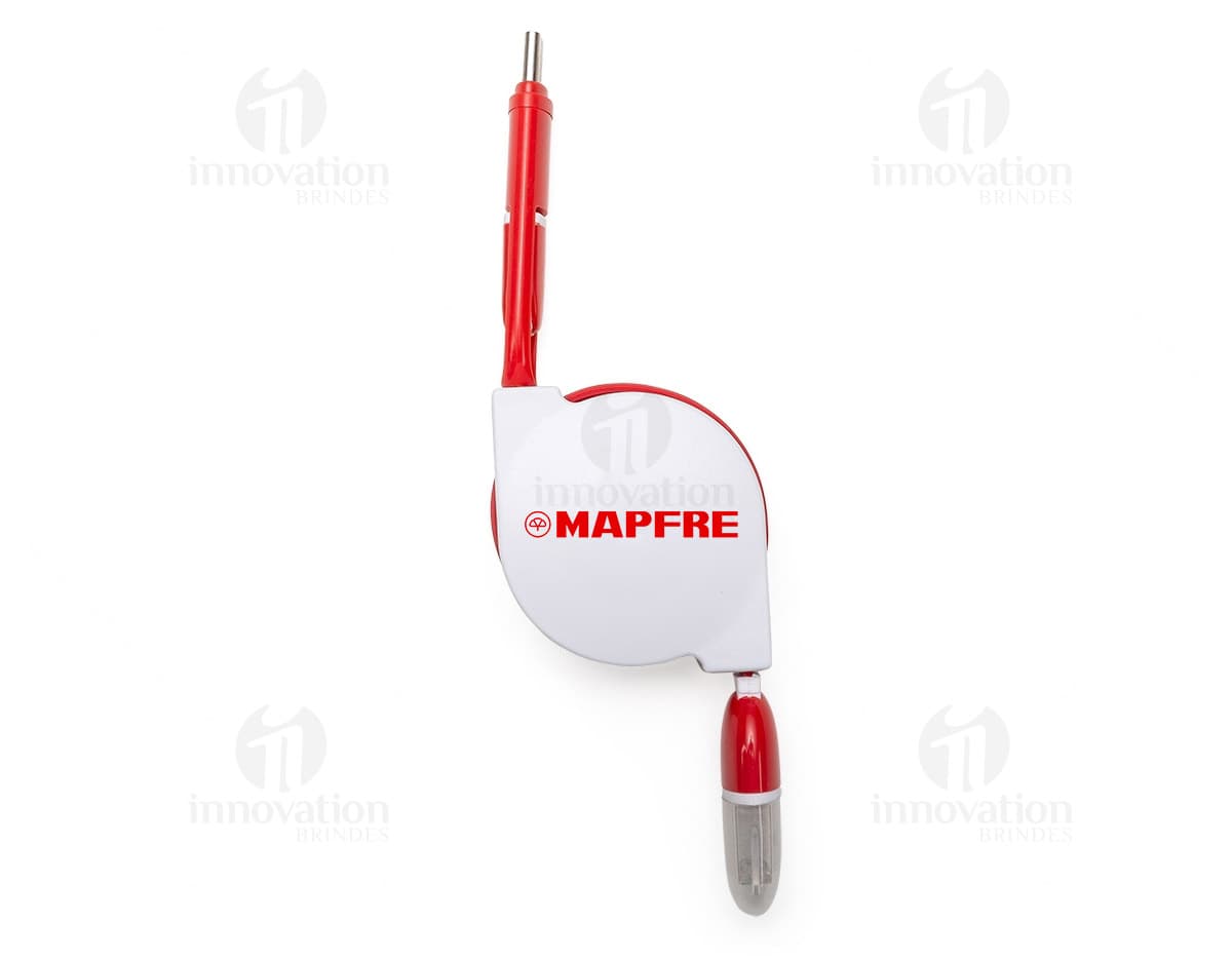 Cabo de Dados Retrátil 3 em 1 na cor branca, mostrando as três saídas USB retráteis para conexão de dispositivos.