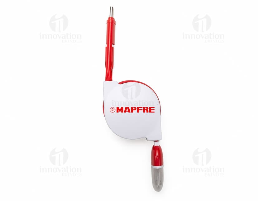 Cabo de Dados Retrátil 3 em 1 na cor branca, mostrando as três saídas USB retráteis para conexão de dispositivos.