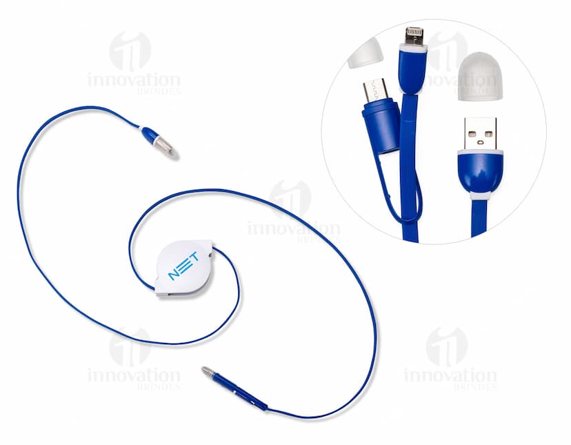 Cabo de Dados Retrátil 3 em 1 na cor branca, mostrando as três saídas USB retráteis para conexão de dispositivos.