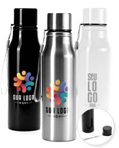Garrafa Inox 750ml em fundo branco, com tampa de rosca e detalhes em preto e prata.