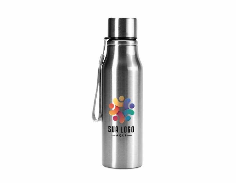 Garrafa Inox 750ml em fundo branco, com tampa de rosca e detalhes em preto e prata.