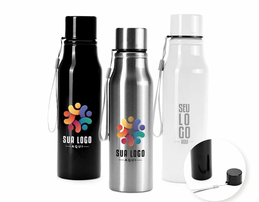 Garrafa Inox 750ml em fundo branco, com tampa de rosca e detalhes em preto e prata.