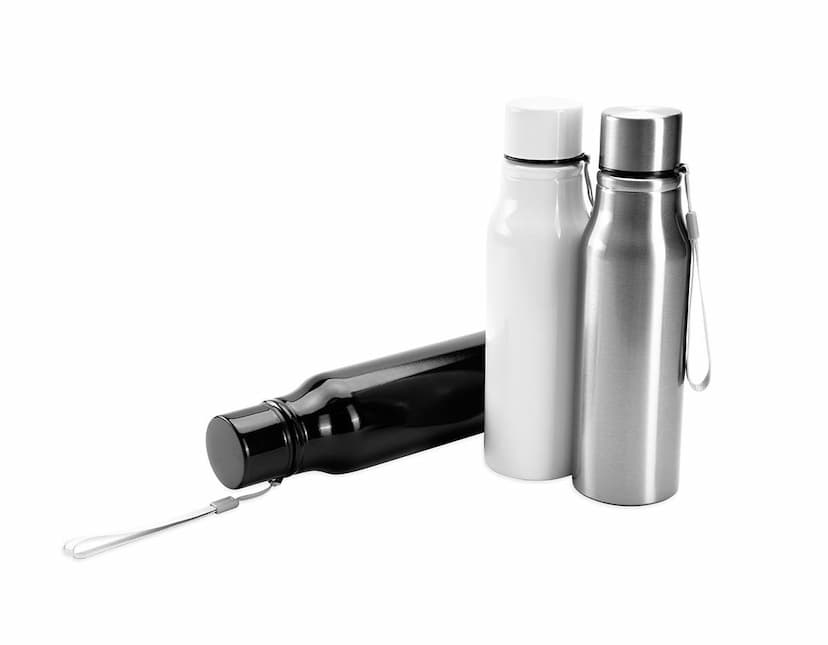 Garrafa Inox 750ml em fundo branco, com tampa de rosca e detalhes em preto e prata.
