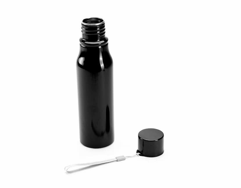 Garrafa Inox 750ml em fundo branco, com tampa de rosca e detalhes em preto e prata.