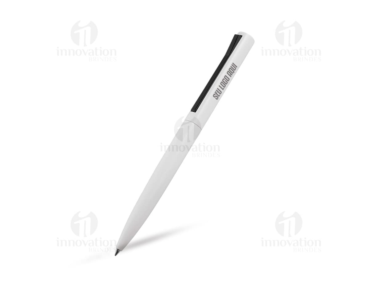 Caneta Semimetal de cor azul com detalhes prateados, sobre fundo branco.