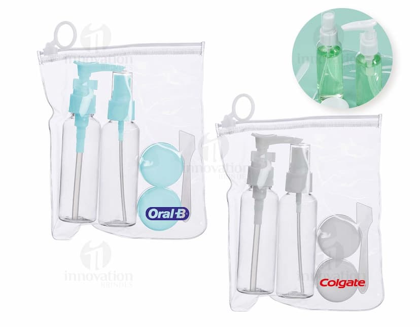 Kit Viagem 5 Peças contendo nécessaire, porta-passaporte, etiqueta de bagagem, máscara de dormir e travesseiro inflável.