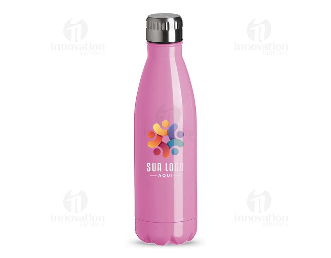 Garrafa de aço inox com tampa de rosca preta em fundo branco.