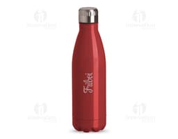 Garrafa de aço inox com tampa de rosca preta em fundo branco.