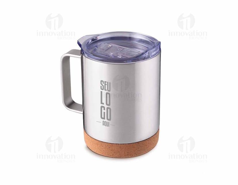 Caneca térmica branca com tampa de rosca e alça preta, ideal para manter a temperatura de bebidas quentes ou frias por mais tempo.