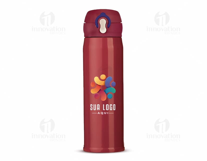 Garrafa térmica inox 400ml com design colorido e brilhante. A imagem mostra um objeto de metal, vazio, com capacidade para líquidos. Foco em higiene e saúde, ideal para manter bebidas quentes ou frias por mais tempo. Ideal para presentes e celebrações.