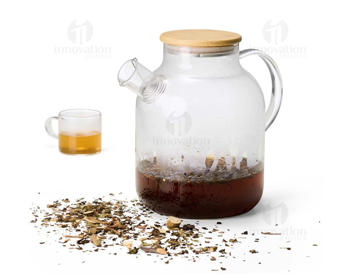 Chaleira de vidro borossilicato transparente, com capacidade para líquidos, ideal para servir bebidas quentes ou frias. Perfeito para ocasiões especiais e ambientes de restaurantes e bares.