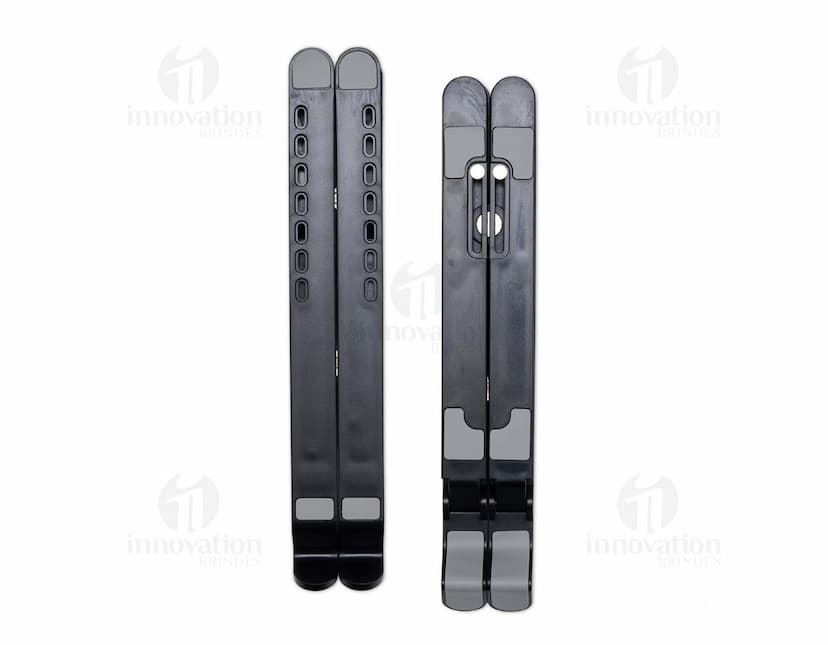Suporte retrátil para notebook em metal prateado, design industrial e tecnológico. Inclui suporte, assento, Equipamento eletrônico e dispositivo de comunicação.