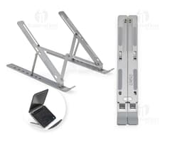 Retractable laptop stand made of metal and steel, serving as a modern technological tool to enhance the use of the device.