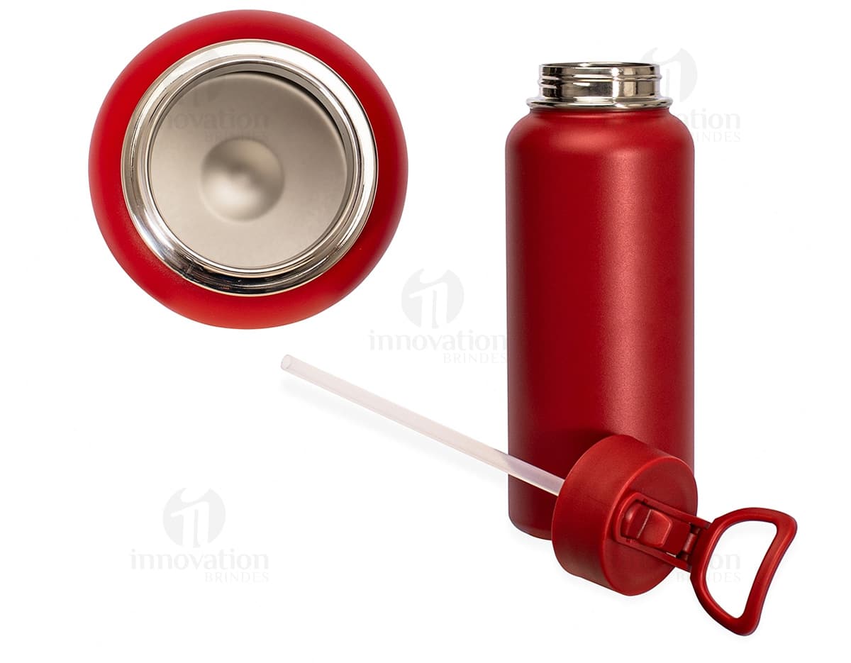 Garrafa térmica de metal e plástico, transparente, vazia e brilhante. Ideal para manter líquidos quentes ou frios por mais tempo.