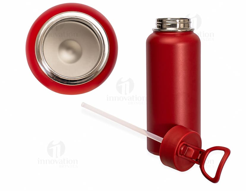 Garrafa térmica de metal e plástico, transparente, vazia e brilhante. Ideal para manter líquidos quentes ou frios por mais tempo.