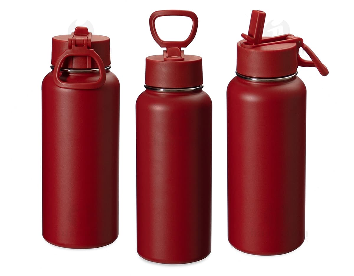 Garrafa térmica de metal e plástico, transparente, vazia e brilhante. Ideal para manter líquidos quentes ou frios por mais tempo.