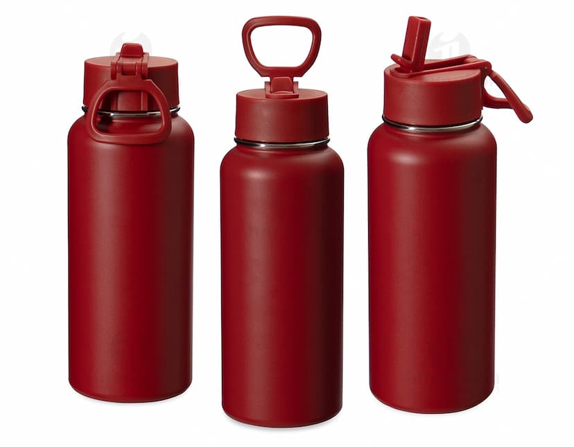 Garrafa térmica de metal e plástico, transparente, vazia e brilhante. Ideal para manter líquidos quentes ou frios por mais tempo.