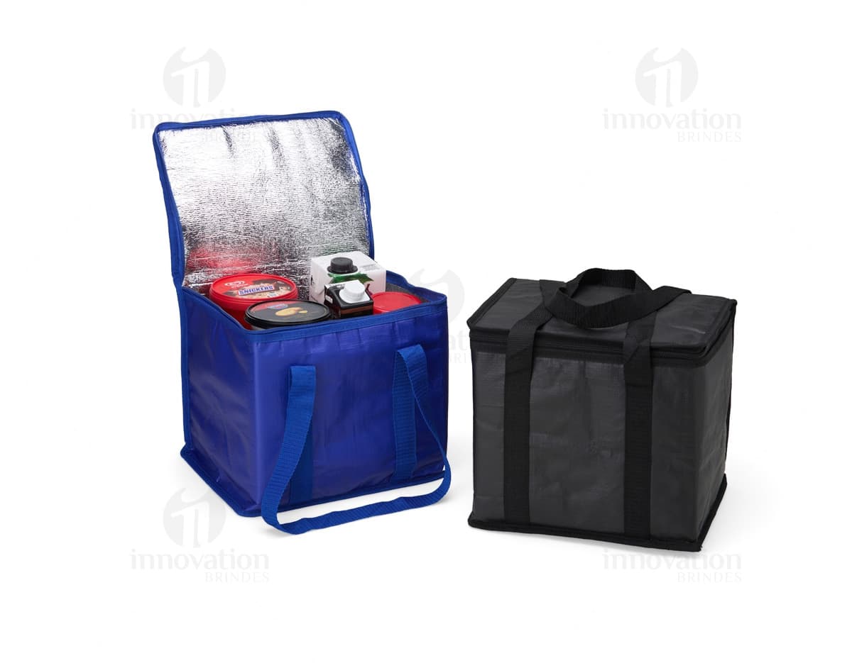 Mala térmica de 12 litros com design moderno e elegante, ideal para transportar alimentos e bebidas de forma prática e segura. A imagem mostra uma pessoa sorridente, segurando a bolsa térmica em um ambiente de compras, transmitindo felicidade e praticidade.